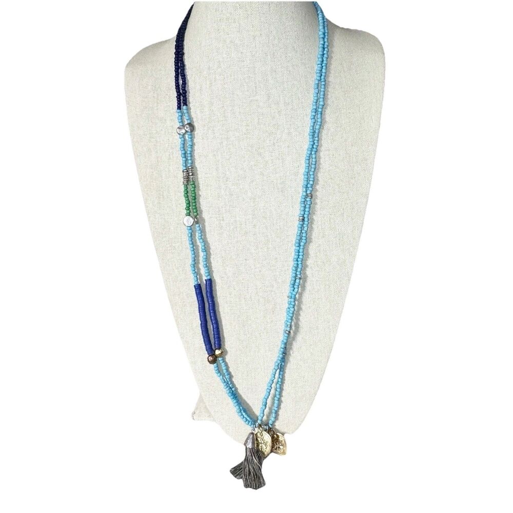 2 Chico’s Blue Beaded Bohemian Long Layering Necklaces Heart Tassel Charm 39”